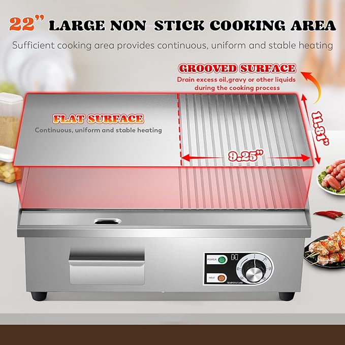 Moogiantgo Electric Griddle 22" Stainless Steel Teppanyaki Grill, Commercial Nonstick Table Top Grill for Pancake Barbecue, Large Half-Flat Cooking Plate with Adjustable Temperature & Drip Tray,1600W