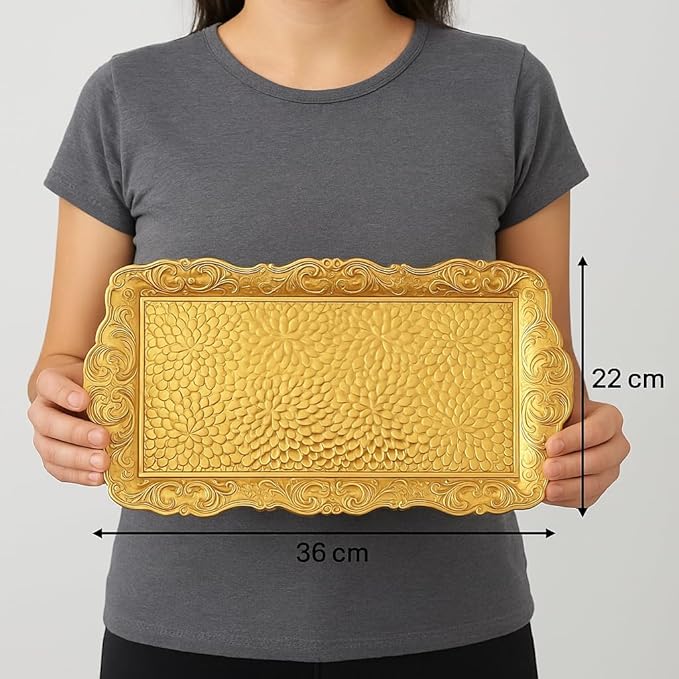 Alisveristime Small Ornate Metal Serving Tray – Ottoman Motif Decorative Tray (14.2" x 7.1", 10.8 oz) (Gold)
