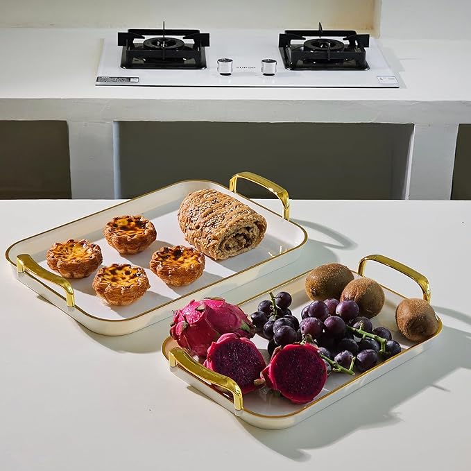 Set of 3 Serving Platters with Handles 16.5/15/13.2 Inch Large Party Serving Trays, Reusable Rectangular White Plastic Trays for Food, Dinner, Cookie, Cake, Turkey, Cheese, Fruit, Appetizer