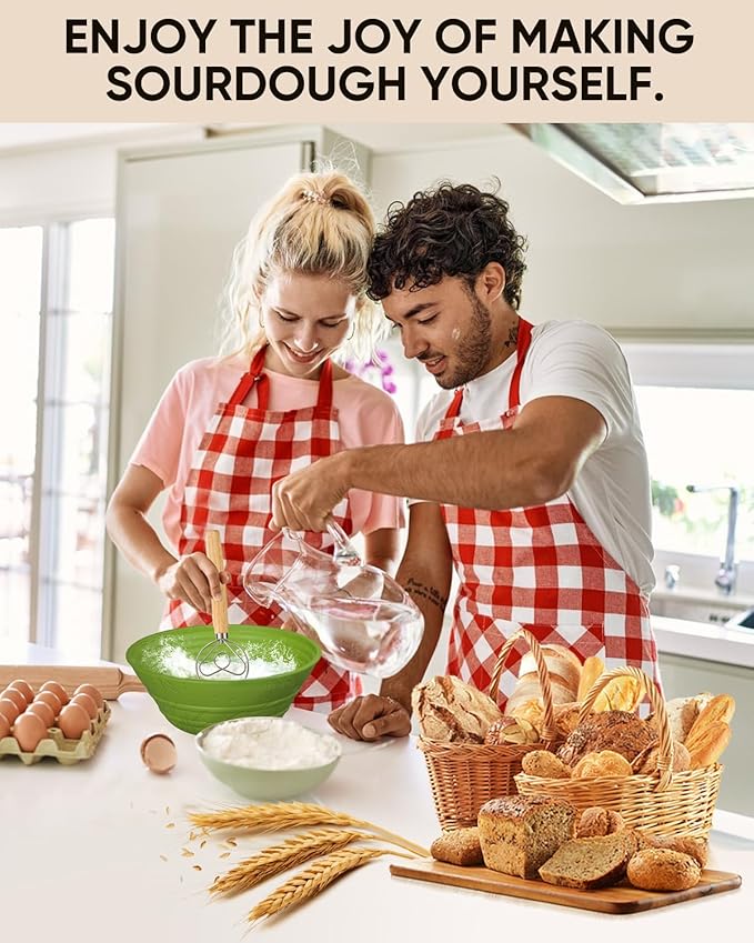 Sourdough Bread Baking Supplies 34 OZ Sourdough starter kit with 2 Bread Proofing Basket - Green