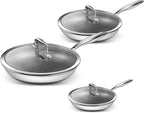 6-Piece Frying Pan Set, 8, 10 and 12 inch Frying Pans, Hybrid Nonstick 18/10 Stainless Pans with Lid, Even &Fast Heating, Compatible with Induction all Cooktop, Dishwasher Oven Safe, Easy Clean