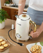 Retro Electric Kettle 1.8L/60.8oz with Thermometer - 1200W Fast Boiling Stainless Steel Tea Kettle with Water Level, BPA-Free, Auto Shut-Off, Boil-Dry Protection, Pearl White