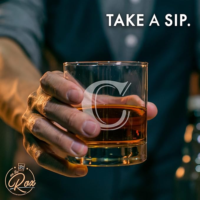 On The Rox Drinks (C-Monogram) - 4 Piece Set of 11 Ounce Engraved Heavy Base Rocks Glasses Elegant Glass-Multi-Purpose Beverage-Rocks Glass- Gift for any Occasion