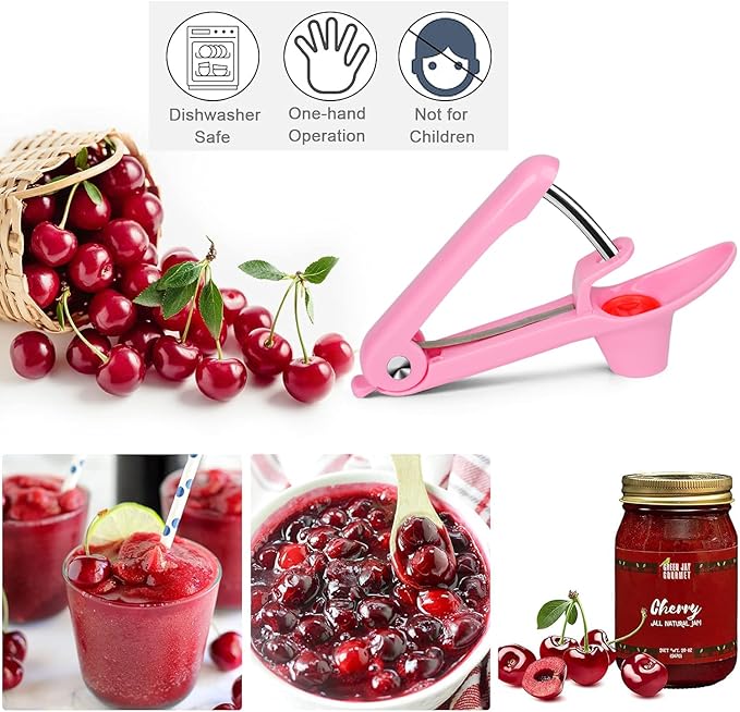 Cherry Pitter Tool, Cherry Stone Remover, Cherry Corer, Pink, ABS Plastic & Stainless Steel Handle