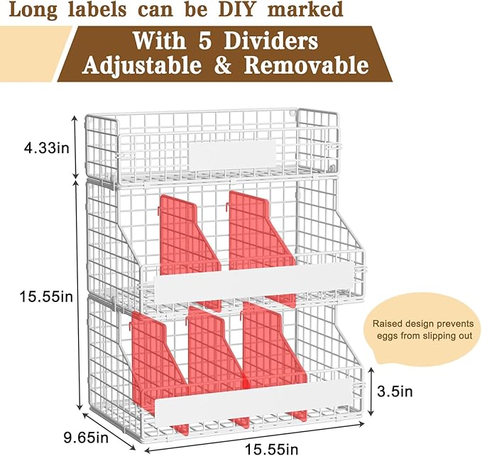 keomaisyto Egg Holder Countertop with 5 Dividers & DIY Nameplate to Separate Eggs, 3 Tier Stackable Wire Storage Baskets for Gathering Fresh Eggs, Wall-Mounted XXL Egg Rack, White (Patent Pending)
