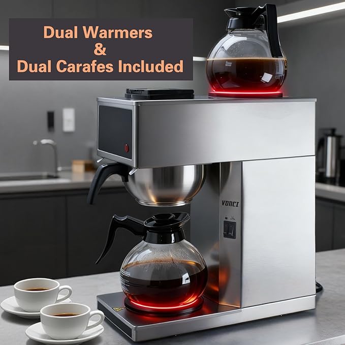VONCI 1610W Commercial Coffee Maker, 12 Cup Drip Coffee Machine, 2 Glass Carafes and 2 Warmers, Stainless Steel Housing & Funnel, Industrial Coffee Maker for Offices, Hotels, Home