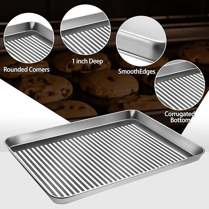 Stainless Steel Baking Sheet with Rack Set, Cookie Sheet with Cooling Rack, Set of 6 (3 Sheets + 3 Racks), Easy Clean
