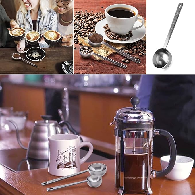 2 Pack Coffee Scoop, Tablespoon measure spoon contains 1 tablespoon (15ml) and 2 tablespoons (30ml), Stainless steel long handle coffee spoon silver