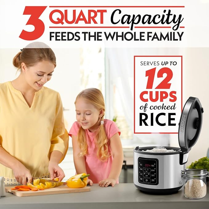 Gourmia Rice Cooker – 3 Qt Capacity, 12 Cup Cooked, 6 Cup Uncooked, Digital Controls, Grain Cooker & Steamer, Built-In Steamer Basket, Nonstick Ceramic Pot, Delay Timer, Keep Warm, Stainless Steel
