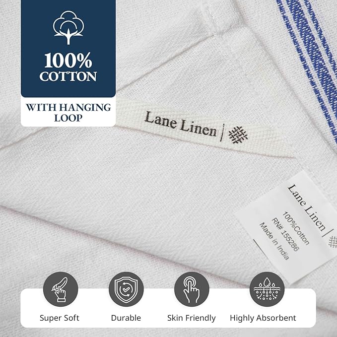 LANE LINEN Kitchen Towel Set- 12 Pack 14"x25" Dishtowels for Kitchen, Absorbent 100% Cotton Dish Drying Towels, Cleaning Cloth for Countertops, Soft & Durable, Machine Washable - Blue Stripe