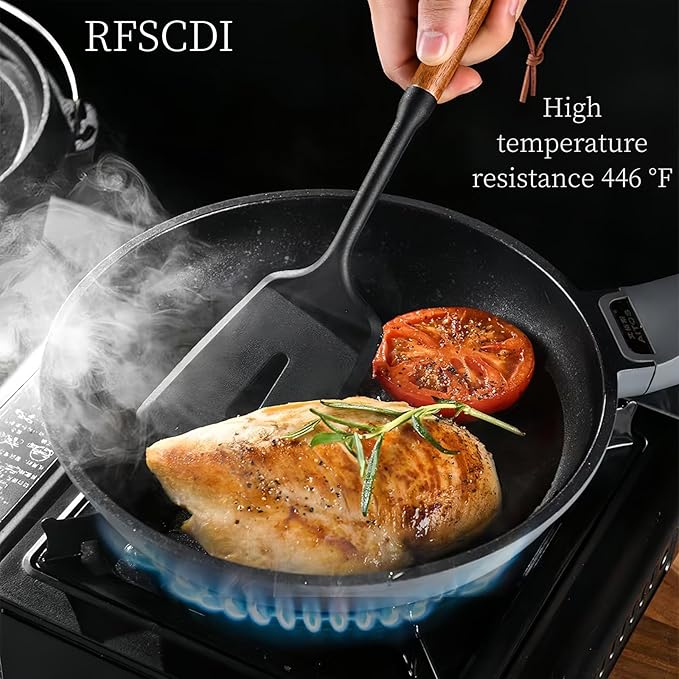 Premium Silicone Cooking Utensils Set - Non-Toxic, Heat-Resistant Kitchen Utensils Set with Food-Grade Silicone & Wood Handles - Includes Spatula & Spoon for Non-Stick Cookware, Black
