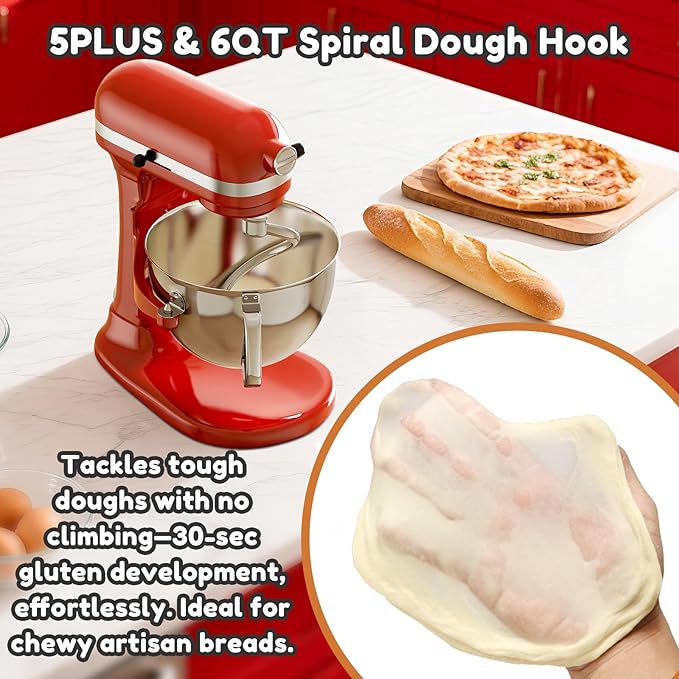 GVODE Stainless Steel Spiral Dough Hook for Kitchenaid Stand Mixer, Bread Hook Fits Kitchenaid 5Plus & 6QT Bowl-Lift Stand Mixers, Dishwasher Safe, Not Fit for KitchenAid TILT-HEAD Mixer