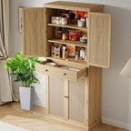 72" Tall Freestanding Pantry Cabinet, Farmhouse Wooden Storage Cupboard with 4 Doors (Barn Doors), 1 Drawer & Adjustable Shelves, Rustic Tall Cabinet for Kitchen, Dining Room, Living Room
