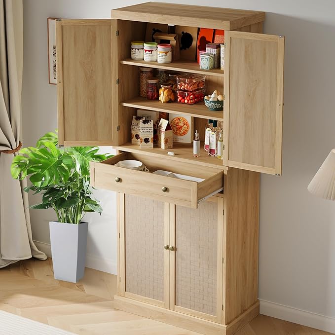 72" Tall Freestanding Pantry Cabinet, Farmhouse Wooden Storage Cupboard with 4 Doors (Barn Doors), 1 Drawer & Adjustable Shelves, Rustic Tall Cabinet for Kitchen, Dining Room, Living Room