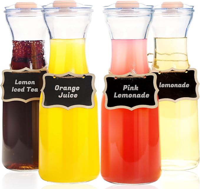 AYL Set of 4 Glass Carafes with Lids (1 Liter) – Clear Glass Water Pitchers and Beverage Serveware for Mimosa Bars, Brunch, Parties, Wine, Juice, Milk, Iced Tea, and Lemonade with Easy-Pour Spout Lids