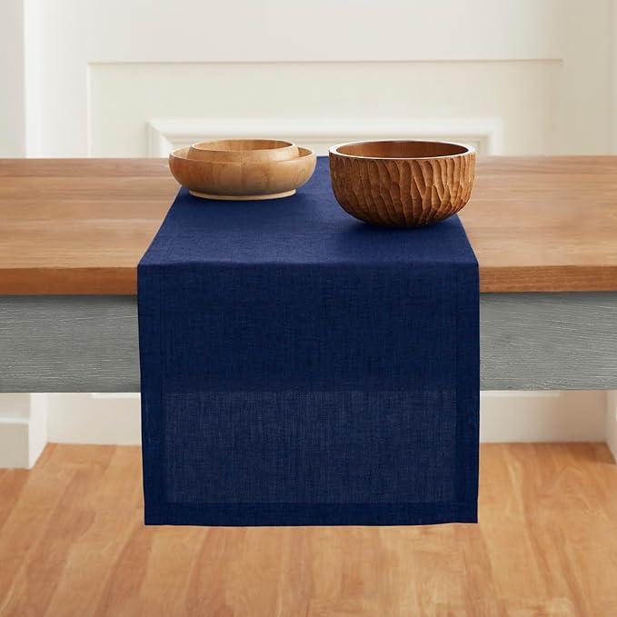 Solino Home Linen Royal Blue Table Runner 132 Inches Long - Athena, 100% Pure Linen Dining Table Runner 14 x 132 Inch for Summer