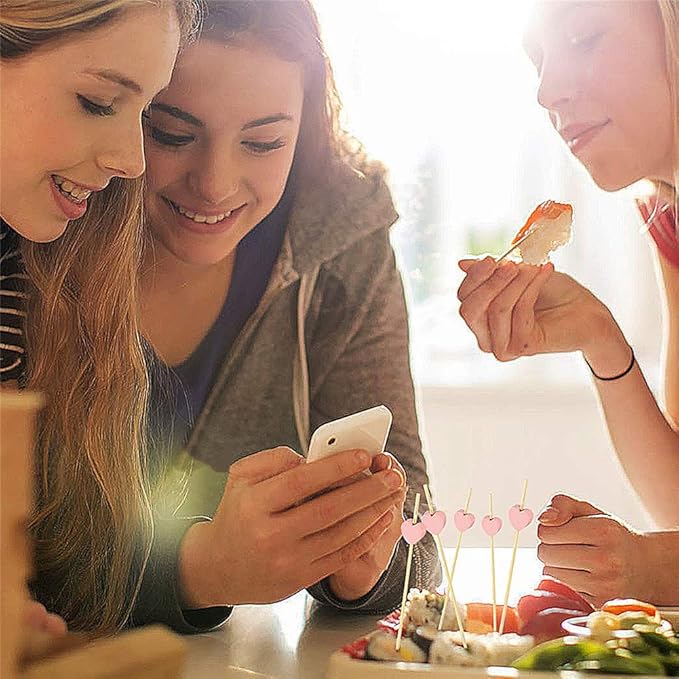 Minisland Pink Love Heart Cocktail Picks, 4.7 Inch Long Bamboo Fancy Toothpicks for Appetizers, Decorative Bridal Wedding Valentines Party Food Drinks Garnish Fruit Skewer Sticks 100 Counts -MSL134