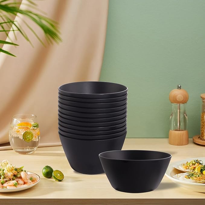 supernal 12PCS Black Wheat Straw Bowls - Unbreakable Reusable Plastic Soup & Cereal Straws Bowls,Fridge and Dishwasher Safe Stackable,Lightweight Black Disposable Bowl for Ramen,Salads and Catering
