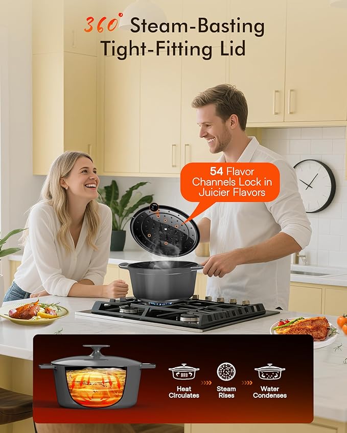 Nuwave 6QT LUX Healthy Enameled Cast Iron Dutch Oven Pot with Lid, Heavy Duty 7-Layer Enamel, Enhanced Rust Protection, Dual Handles, Oven Safe to 500°F for Sourdough Bread Baking, Braise, Stew, Roast