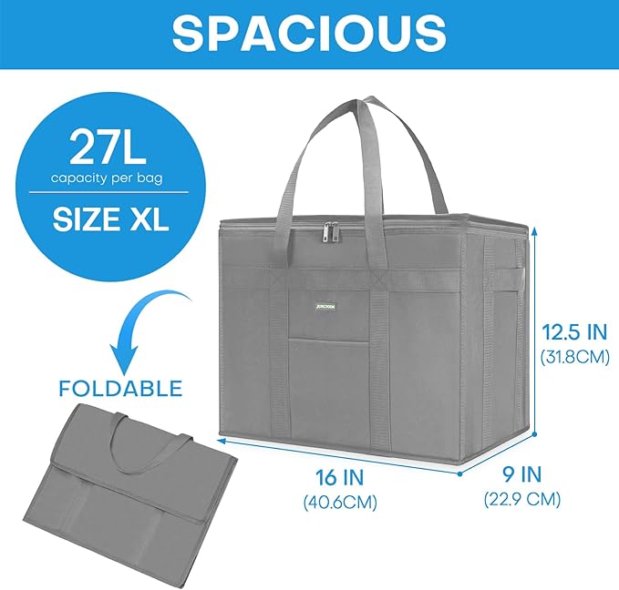 JUNGYOON 2-Pack Heavy-Duty Insulated Grocery Bags & Food Delivery Bag – Collapsible Cooler Bag with Zippered Top | Reusable Shopping Bags for Groceries, Picnics, Easy Storage(XL Grey)