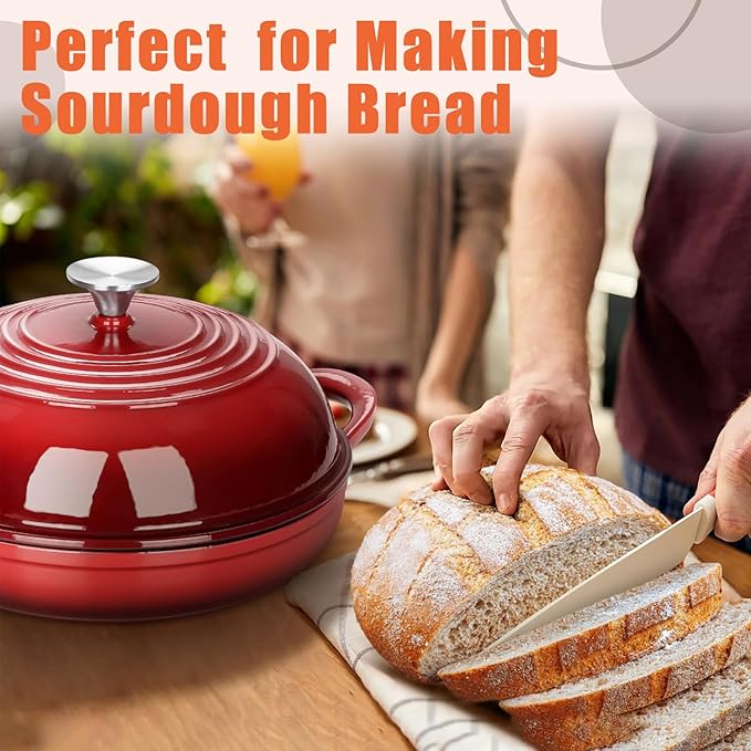 Enameled Round Cast Iron Bread Oven, 6 Qt Cast Iron Dutch Oven for Homemade Sourdough Bread Baking, Bread Dome Pot with Cloche Lid (Red)