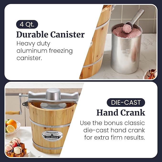 Elite Gourmet Old Fashioned 4 Quart Vintage Wood Bucket Electric Ice Cream Maker Machine Appalachian, *Bonus Classic Die-Cast Hand Crank for Churning, Uses Ice and Rock Salt Churns Ice Cream in Minute