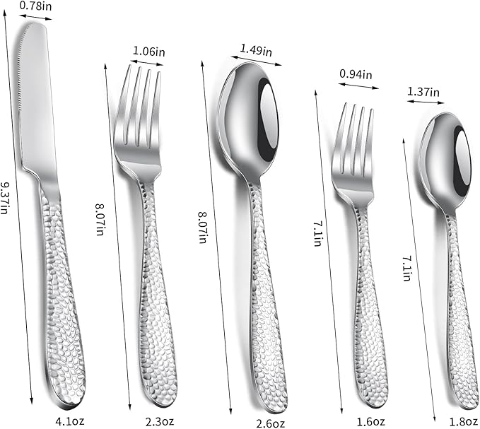 Hammered Silverware Set, 20-Piece Heavy Duty Stainless Steel Flatware Sets for 4, Food-Grade Cutlery Set for Home Restaurant, Mirror Polished, Dishwasher Safe