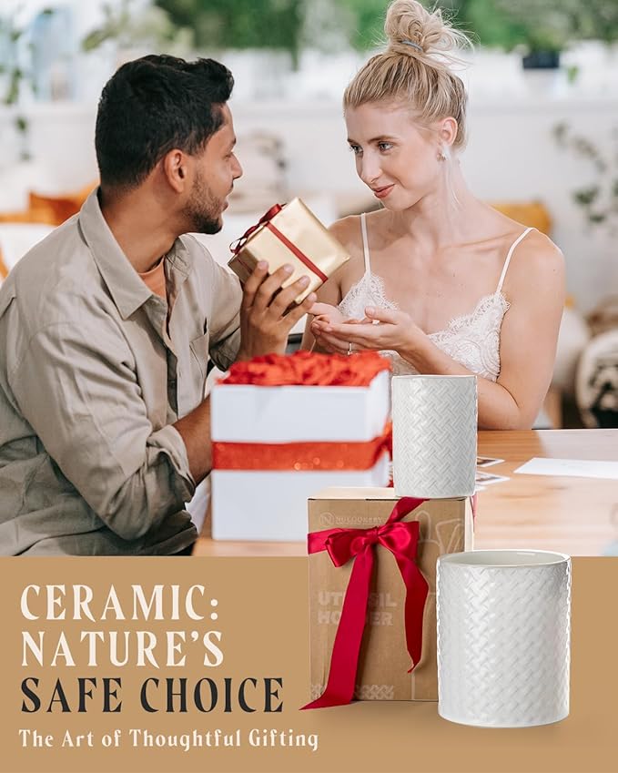 Utensil Holder - 7.2"+5.4" Ceramic Utensil Holder for Kitchen Counter, Large Utensil Crock Flatware Organizer Spatula Holder for Counter, Farmhouse Embossed Vase for Housewarming, Home & Kitchen Decor