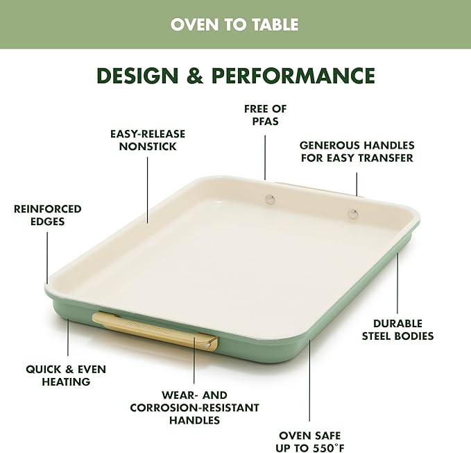GreenPan Bakeware 13" x 9" Quarter Sheet Pan, Ceramic Nonstick Baking Pan, PFAS & BPA Free, Gold Handles, Durable Steel, Versatile & Space Saving Ovenware, Freezer to Oven Dish, Sage Green