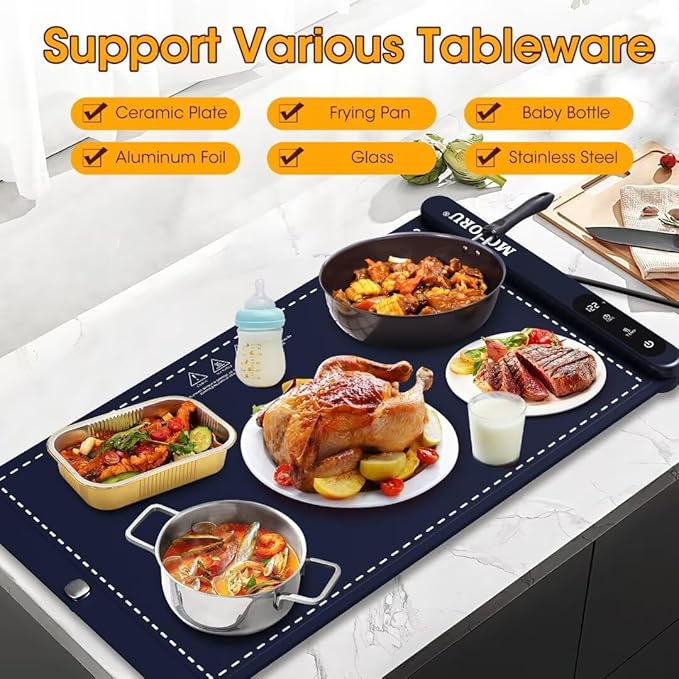Food Warming Mat for Buffet,5s Full Surface Heating,Electric Warming Tray with 3m Power Cord,Roll Up Warming mat for Food,6 Level Adjustable TEM&6H Timer,Auto-Off Timer Food Warmer mat,Everyday Use