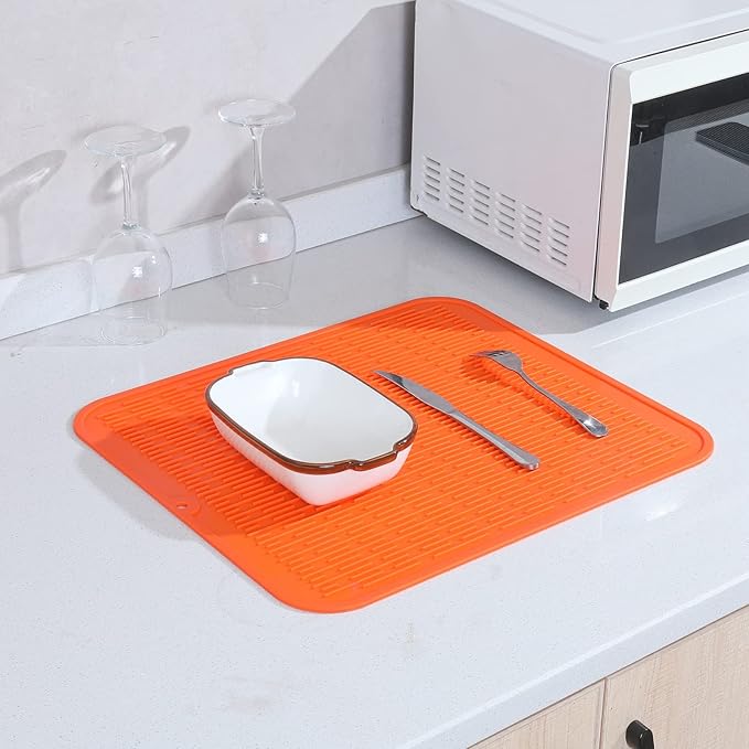 Silicone Dish Drying Mat for Multiple Usage,Easy clean,Eco-friendly,Heat-resistant Silicone Mat for Kitchen Counter or Sink,Refrigerator or Drawer Liner Orange 2XL 24 inches x 18 inches