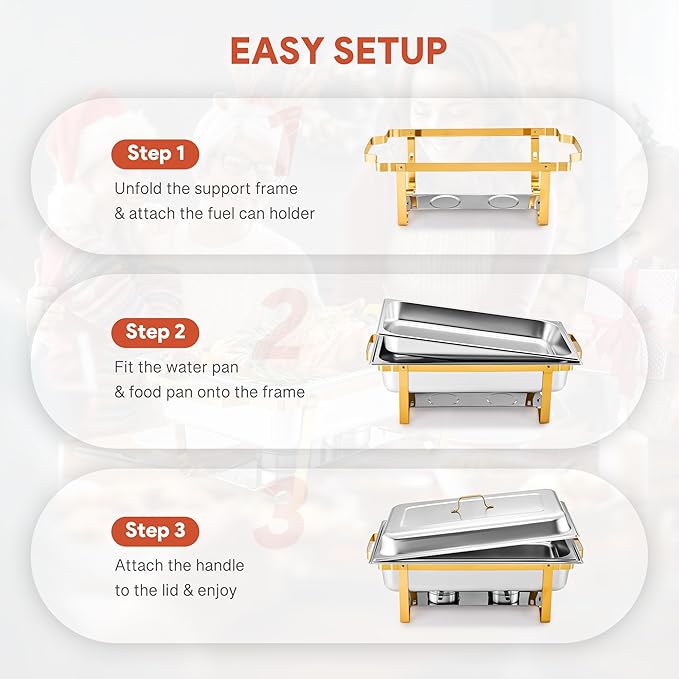 WILPREP Chafing Dishes for Buffet, 4 Pack 9 qt Chafer and Buffet Warmer Set with Full Size Pans & Foldable Frames, Food Grade Stainless Steel Food Warmers for Parties Buffets Banquets, Gold & Silver