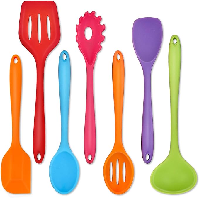P&P CHEF Silicone Cooking Utensils Set of 7, Heat-proof Kitchen Utensils Set for Nonstick Cookware, Non-stick Spatula, Slotted Turner, Soup Ladle, Pasta Server, Spoon for Cooking Serving - Multicolor
