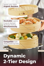 Prime Home Direct Bamboo Steamer Basket 10-Inch | 2-Tier Steamer for Cooking | 50 Liners, Chopsticks, Sauce Dish | Steaming Asian Food, Bao Buns, Chinese, Dim Sum, Dumpling, Rice, Vegetable Steam Pot