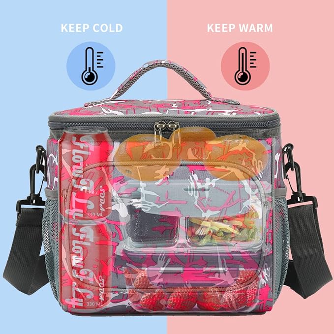 FlowFly Insulated Reusable Lunch Bag Adult Large Lunch Box for Women and Men with Adjustable Shoulder Strap,Front Zipper Pocket and Dual Large Mesh Side Pockets,Graffiti