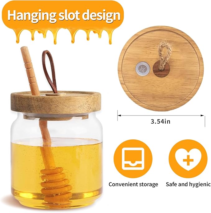No Drip 18oz Glass Honey Jars with Wooden Dipper & Airtight Lid, Leakproof Kitchen Storage for Raw Honey Pot with Stick