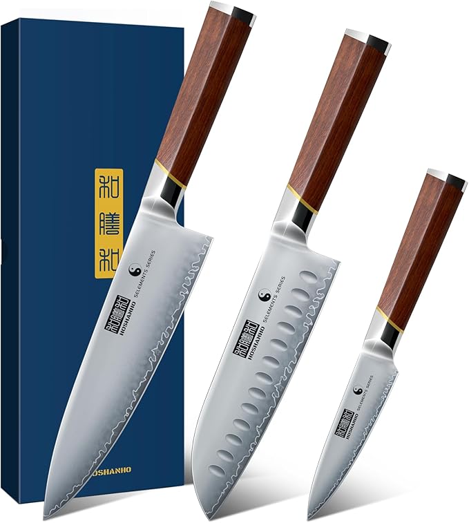 3 Pieces Knife Set, Ultra-Sharp Japanese Super Steel Kithen Knives Set, Professional Chef Knife Set with Ergonomic Wooden Handle & Gift Box