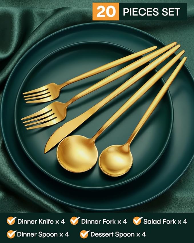 EUIRIO 20-Piece Matte Gold Silverware Set, Modern Flatware Set for 4, Premium Stainless Steel Cutlery Set with Forks Spoons and Knives, Heavy Duty Utensil Sets, Dishwasher Safe