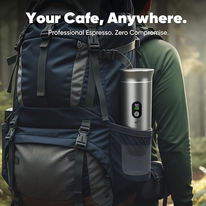 Portable 3-in-1 Espresso Coffee Maker, Self-Heating & Rechargeable with Smart Display — Works with Ground Coffee, Small & Large Capsules; Travel & Camping Mini Machine, 20-Bar Extraction, 60 ml Cup