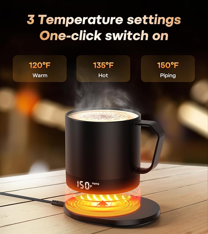Heated Coffee Mug Rechargeable - Temperature Control Self Heating Coffee Mug 14oz with Lid, Double Sided & Real-Time LED Display, Hot up to 150℉, Birthday Gifts for Women and Men(Black)