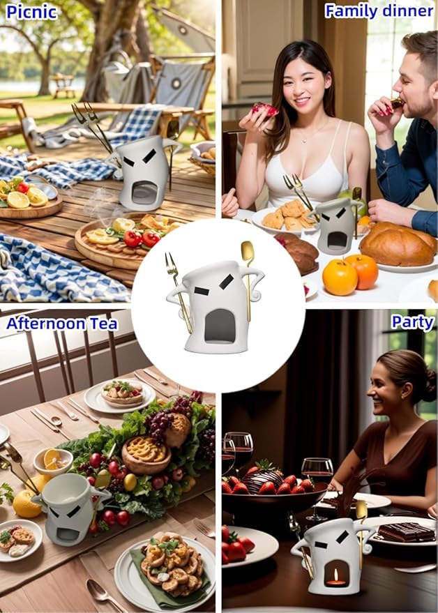 Ceramic Chocolate Fondue Mug With Attitude,Mini Simmer Mug Contain Fondue Bliss Cup Forks Chocolate Melting Cup for Cheese Fondue Set Without Tealights For Date Night Birthday (Gold)