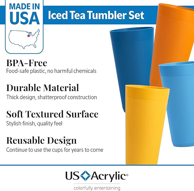 US Acrylic Newport 32 ounce Unbreakable Plastic Stackable Iced-Tea Tumblers in 4 Sunrise Colors | Set of 12 Drinking Cups | Reusable, BPA-free, Made in the USA, Top-rack Dishwasher and Microwave Safe
