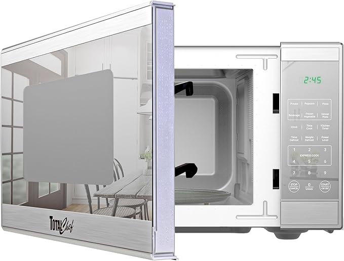 Total Chef Compact Countertop Microwave Oven, 1100W, 1.3 Cubic Feet Capacity, Digital Touchscreen Controls, One-Touch Push-Button Opening, 6 Pre-Set Cooking Modes, Silver Stainless Steel