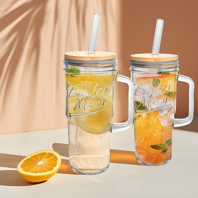 ANOTION Glass Cups with Lids and Straws - 24 oz Tumbler with Handle Halloween Coffee Cups Glass Straws Mason Jar Cups Drinking Set Kitchen Essentials Coffee Bar House Warming Gifts New Home