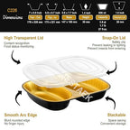 Aluminum Foil Pans of Divided Compartment with Snap-On Lids (5 Pack) | 2X Thicker Heavy Duty Reusable Container 27oz for Take-Out (Black)