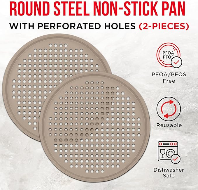 Non-Stick Pizza Pan 2 Pack, 13 Inch Round Carbon Steel Pizza Tray with Perforated Holes for Crispy Crust, PFOAPFOSPTFE Free, Dishwasher & Oven Safe Up To 450°F, Durable Nonstick White Marble Coating