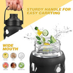 MUKOKO Glass Water Bottles, 32oz Glass Tumbler with Straw, Drinking Bottles with 2 Lids-Handle Spout Lid&Bamboo Straw Lid, Motivational Water Bottle with Time Marker and Silicone Sleeve, 1 Pack-Black