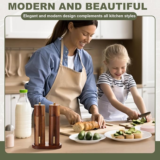 Wooden Salt and Pepper Grinder Set 8 Inch Manual Salt and Pepper Mill with Tray Adjustable Coarseness Refillable Wood Grinders with Gold Bottle Label for Kitchen(Wood Color)