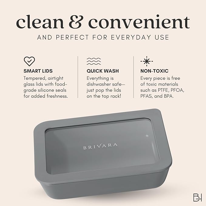 Ceramic Coated Glass Food Storage Container | No PTFE, PFOA, PFAS, and BPA | Reusable Non Toxic Meal Prep Container with Glass Lid | Easy To Store | 3 Cup Rectangle [Smoke]
