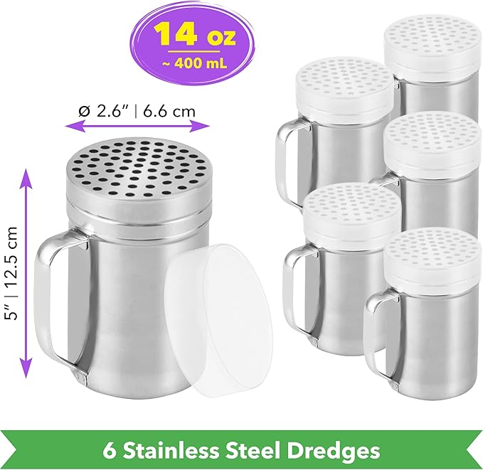 CUSINIUM 14oz Metal Parmesan Cheese Shakers with Large Holes - With Handle - Chili Flakes Dispensers - Pizza Shakers - Pack of 6 | Style: Coarse